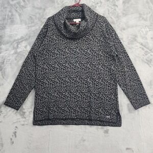 Calvin Klein Sweater Women L Gray Leopard Print Cowl Neck Long Sleeve Tunic Knit
